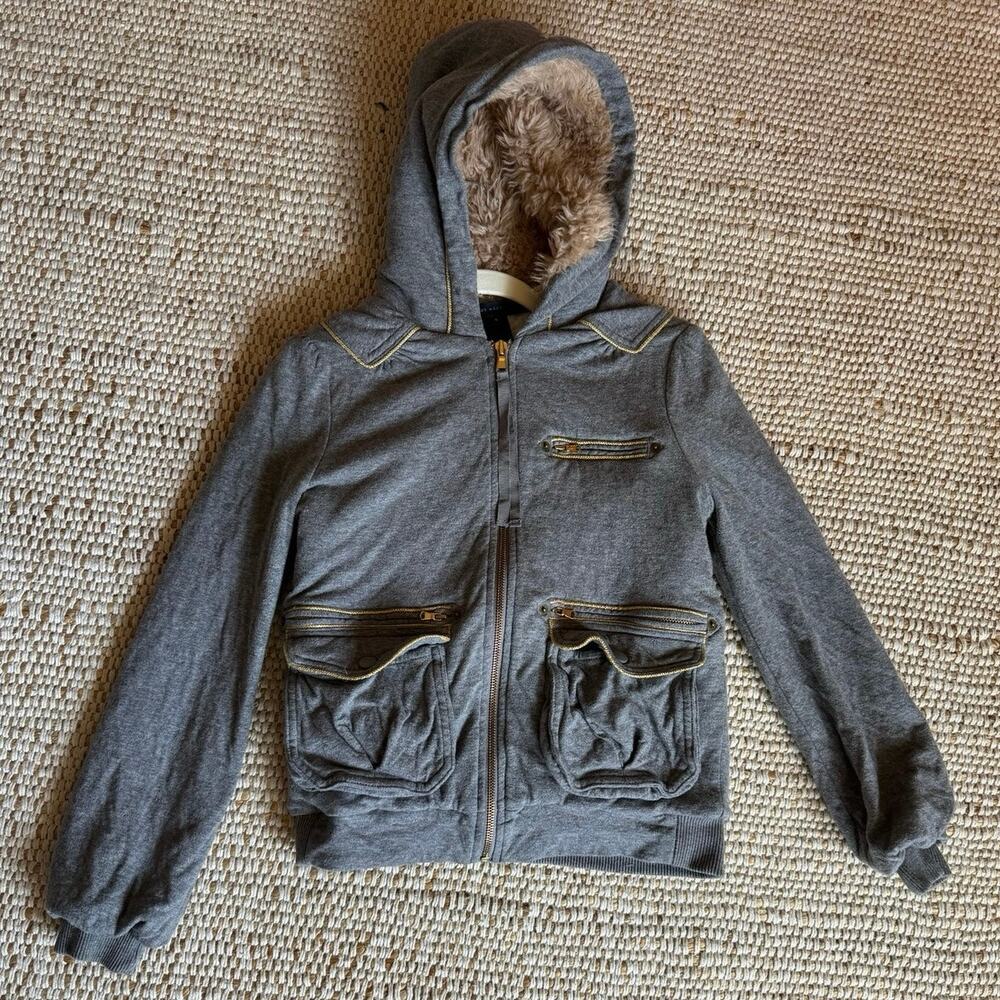 VTG Y2K Marc Jacobs Grey Multi-Pocket Cargo Hoodie Faux Fur Hood Trim Gorpcore S